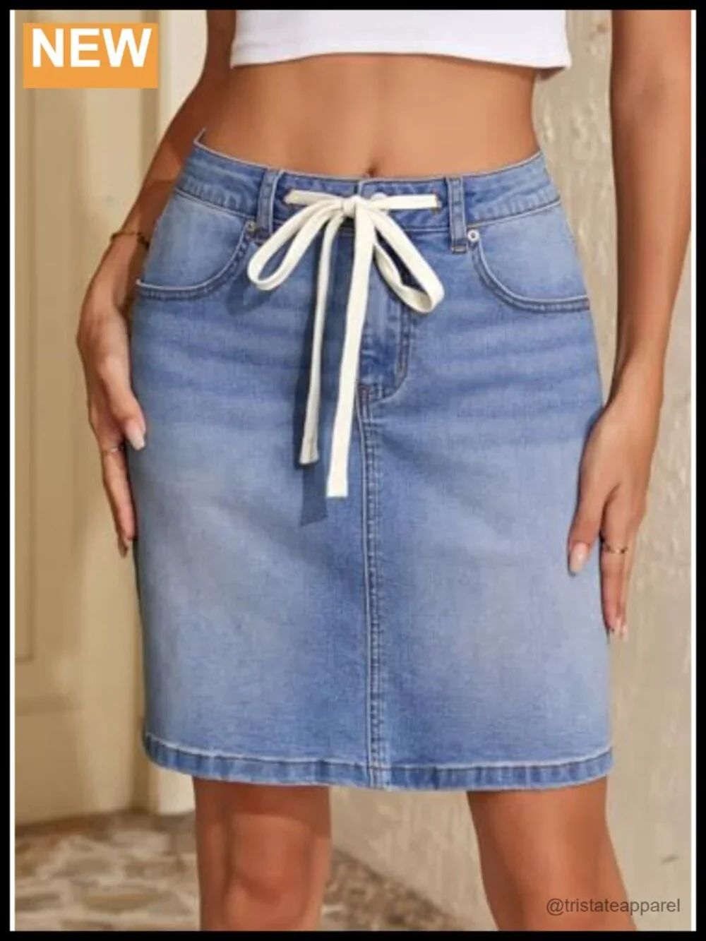 High Waist Drawstring Stretchy Denim Mini Skirt with Pockets